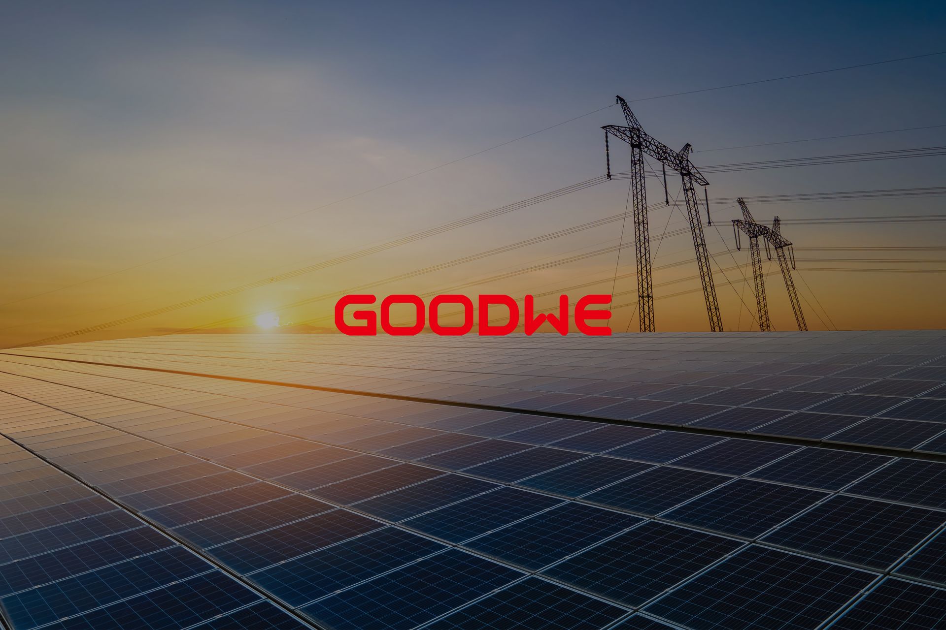 GoodWe logo over a solar panel field with power lines at sunset.