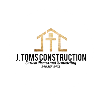 Gold and black logo for J. Toms Construction. The logo depicts a house silhouette with 
