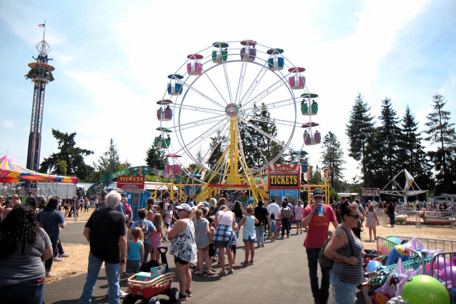 A crowd of people are standing in front of a ferris wheel at a carnival.