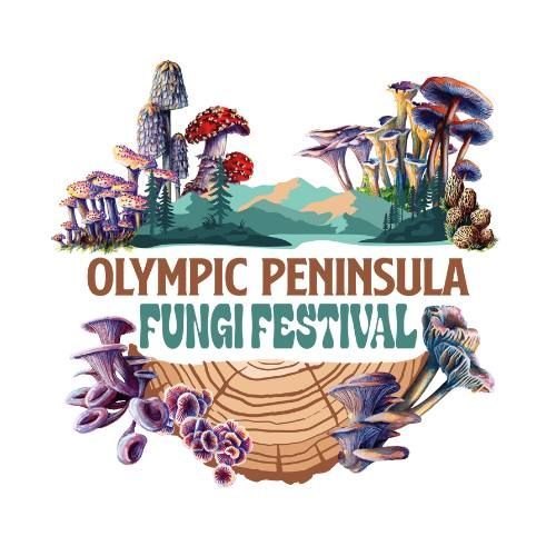 The logo for the olympic peninsula fungi festival shows mushrooms growing on a tree stump.