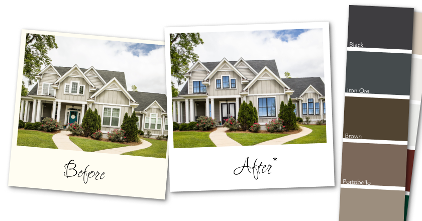 A before and after picture of a house next to a color palette.
