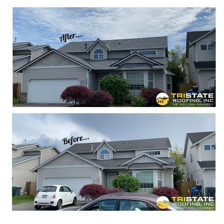 A before and after picture of a house with a car parked in front of it.