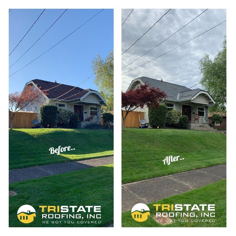 A before and after picture of a house with a new roof.