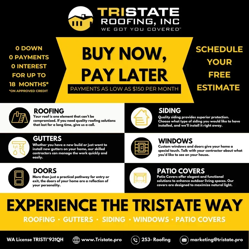 A yellow and black advertisement for tristate roofing inc.