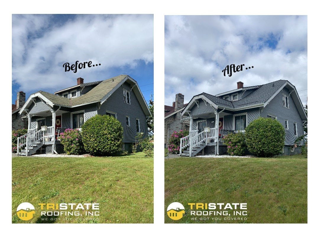 A before and after picture of a house with a new roof.