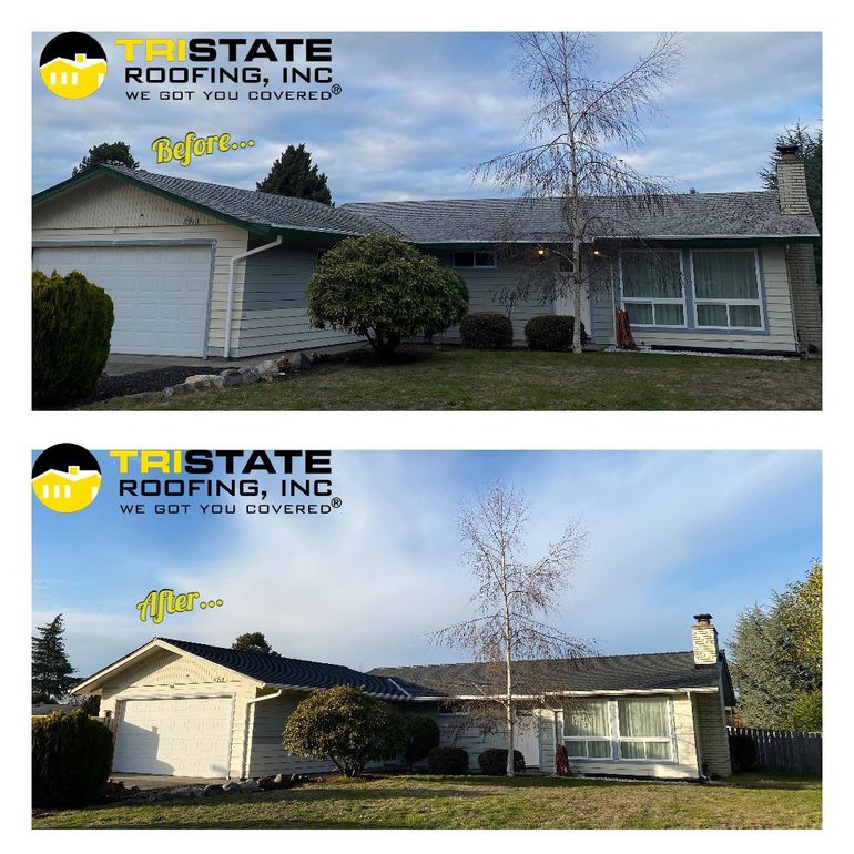 A before and after picture of a house with a roof by tristate roofing inc.