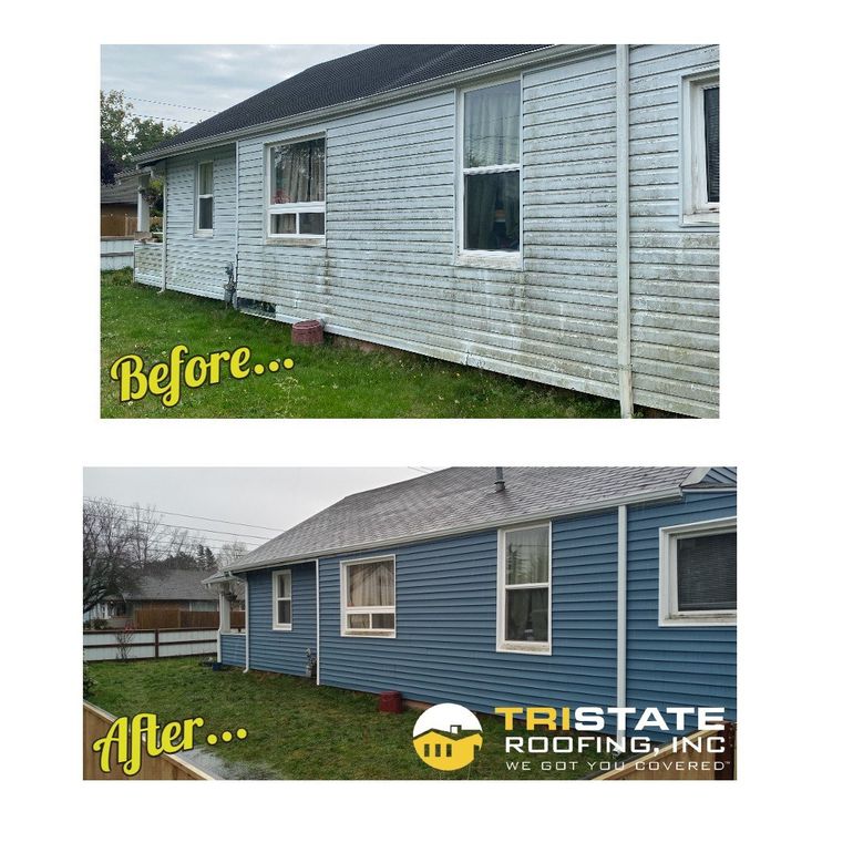 A before and after picture of a house with blue siding.