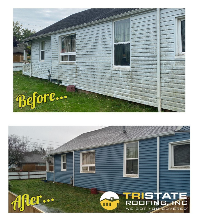 A before and after picture of a house with blue siding.