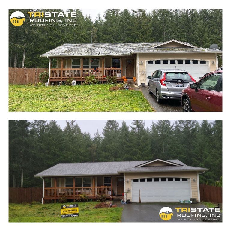 A before and after picture of a house with a new roof.