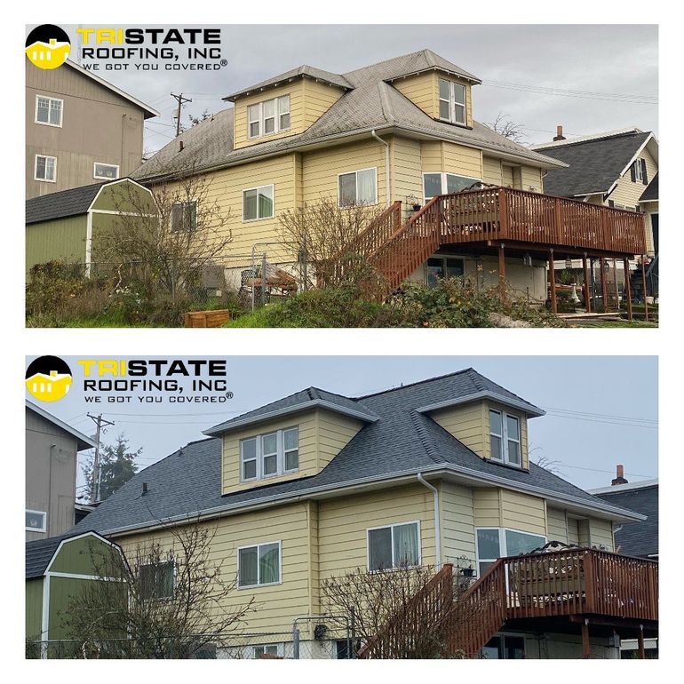 A before and after picture of a house with a metal roof.