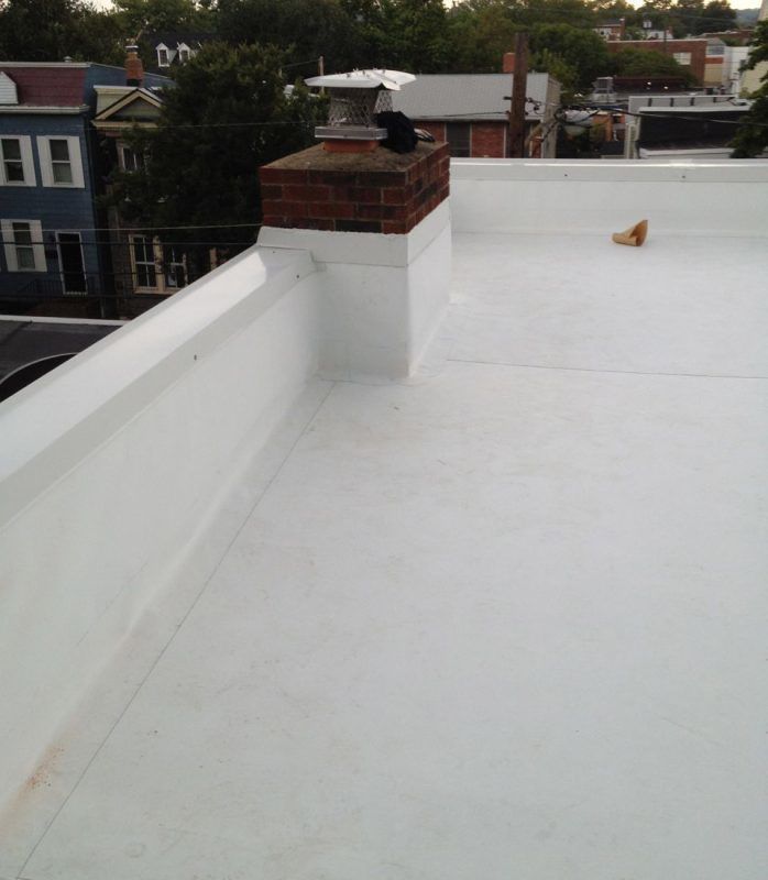 A white roof with a chimney on top of it