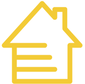 A yellow icon of a house with a chimney on a white background.