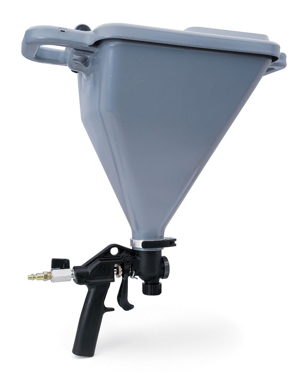 Gray hopper spray gun with black handle and nozzle, used for applying textured coatings.