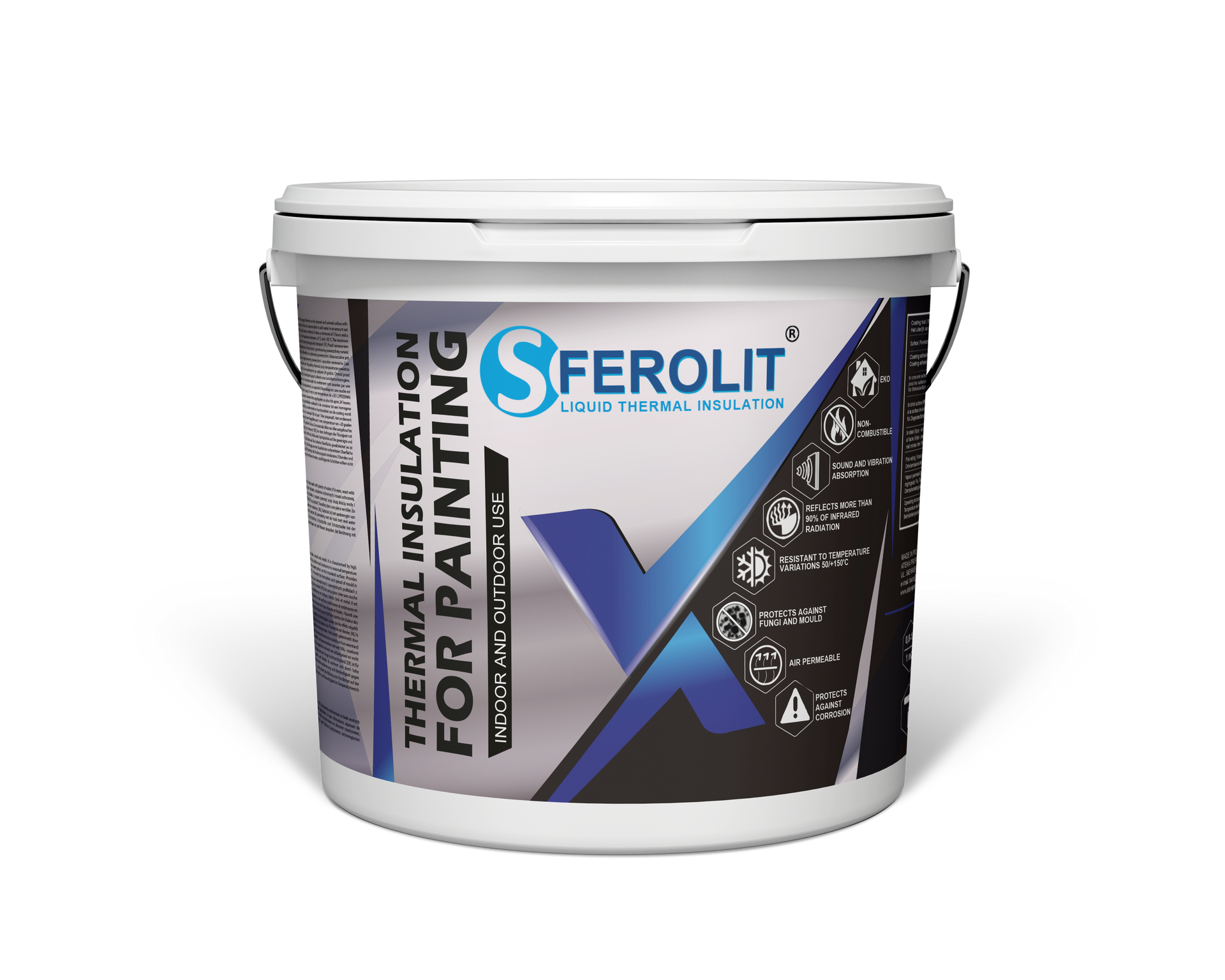 White bucket of Sferolit thermal insulation paint; blue and silver label with product details.