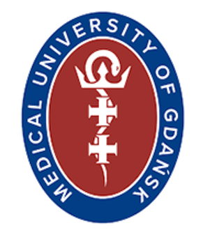 Medical University of Gdańsk logo: blue oval frame with white text, red inner oval with white staff and crosses.