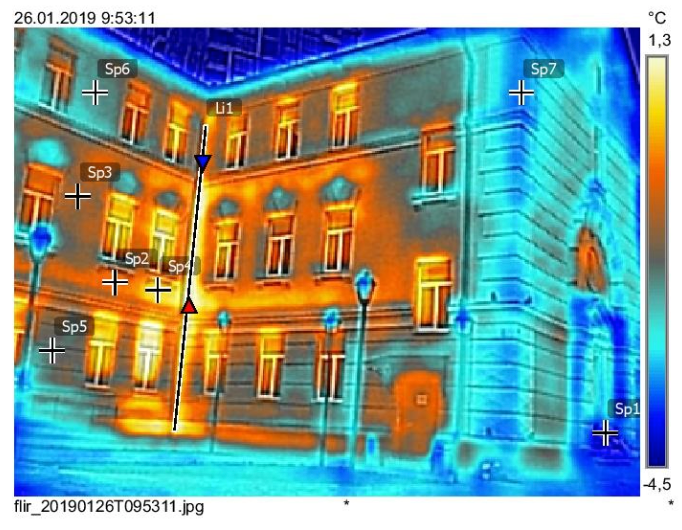 Thermal image of a building, showing varying temperatures in shades of blue and orange.