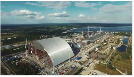 Aerial view of Chernobyl Nuclear Power Plant with new confinement structure.