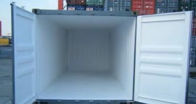An empty white refrigerated shipping container, doors open, viewed from the front.