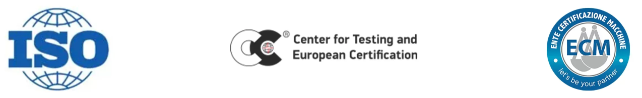 Logos for ISO, the Center for Testing and European Certification, and ECM.