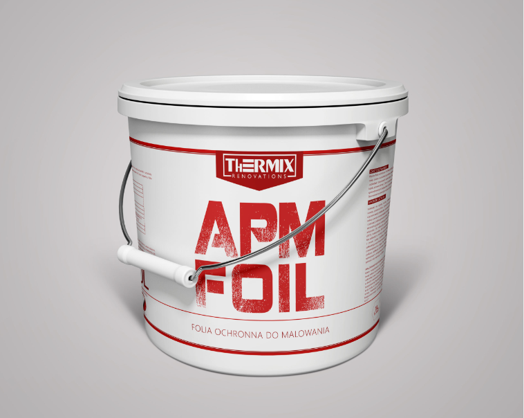 White bucket of Thermix ARF Foil paint with red text, a metal handle, and white backdrop.