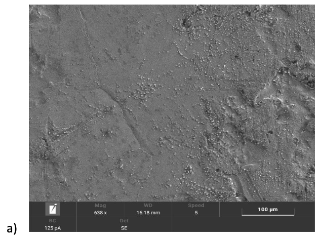 A grayscale, detailed microscopic view of a rough, uneven surface with small particles and streaks.
