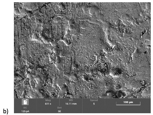 Microscopic view of a rough, textured metal surface with small pits and scratches, appearing grey and black.