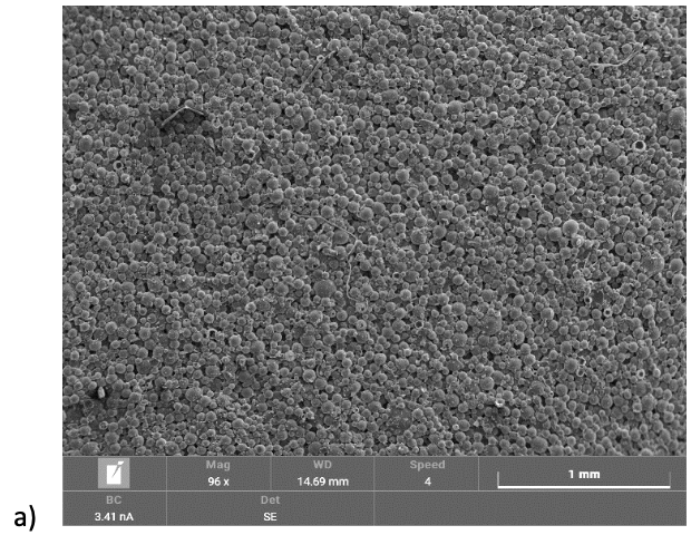 Scanning electron microscope image of a porous material surface, showing a dense field of small, irregular granules.