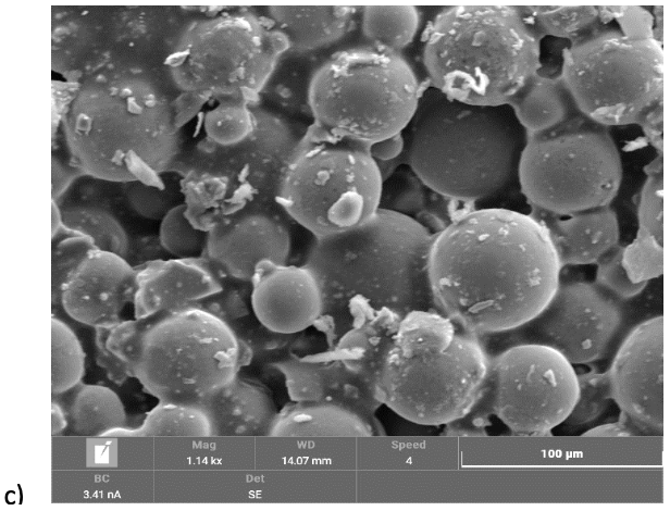 Scanning electron microscope image of spherical particles of varying sizes, with some aggregation.