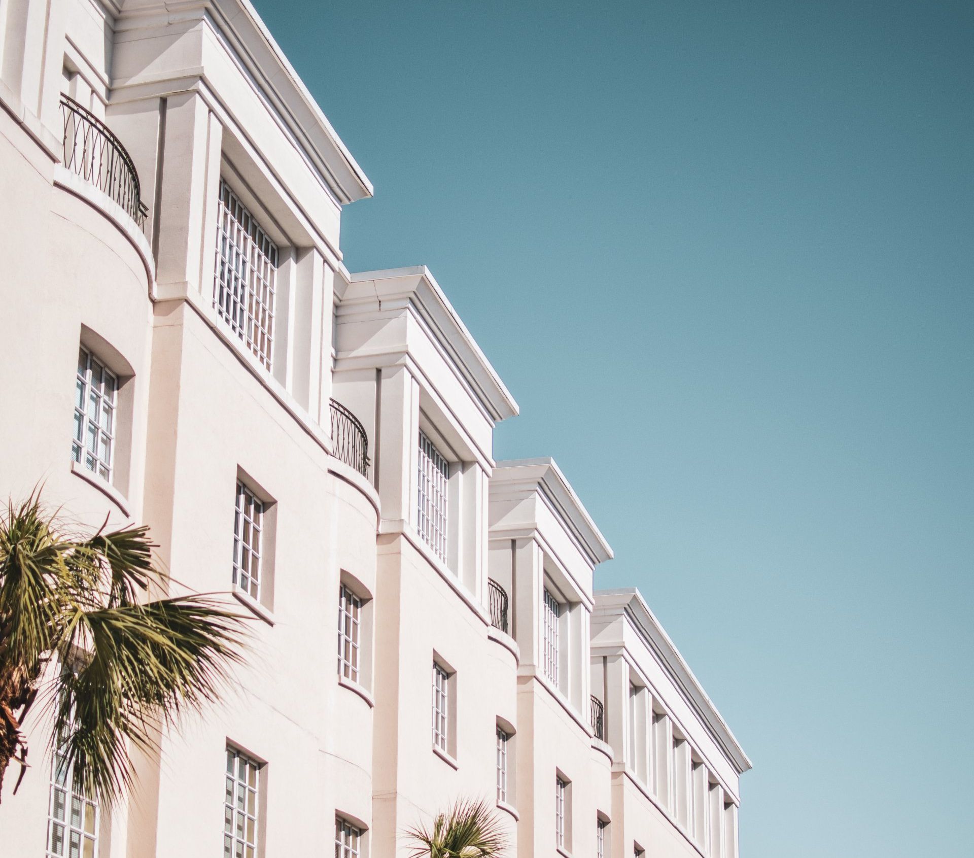 White building with multiple floors and windows, palm tree in front, blue sky.