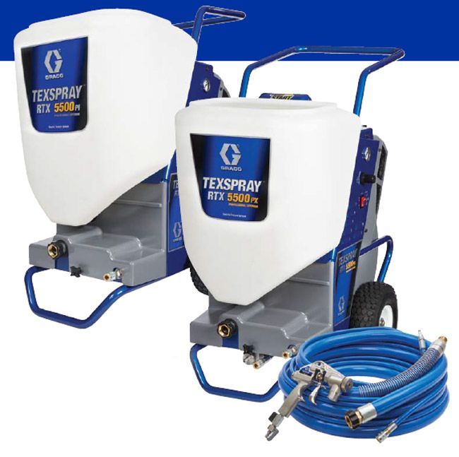 Two Graco TexSpray RTX 5600 Pro texture sprayers; white hoppers, blue accents, spray hose, and gun.
