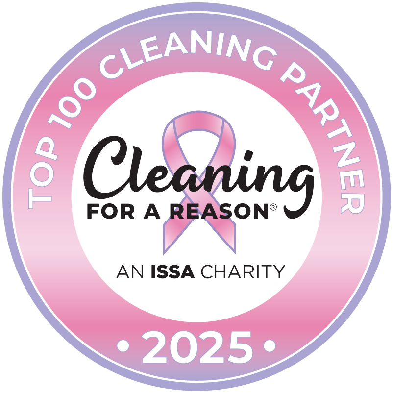 Pink and white “Top 100 Cleaning Partner” badge with “Cleaning for a Reason” and “2025” text.