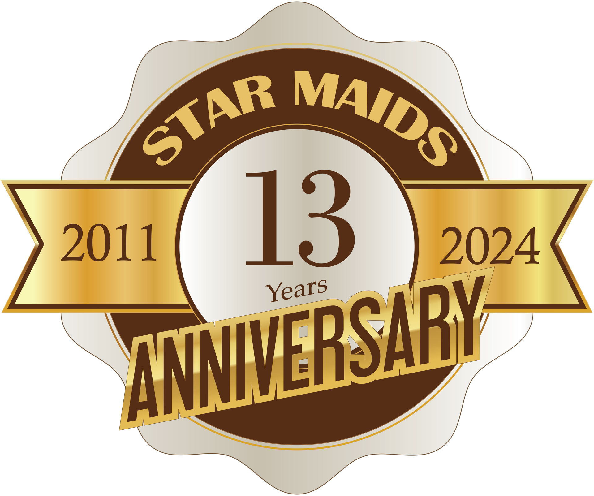 Star Maids 13th anniversary logo, gold and brown, with 2011 and 2024 ribbons