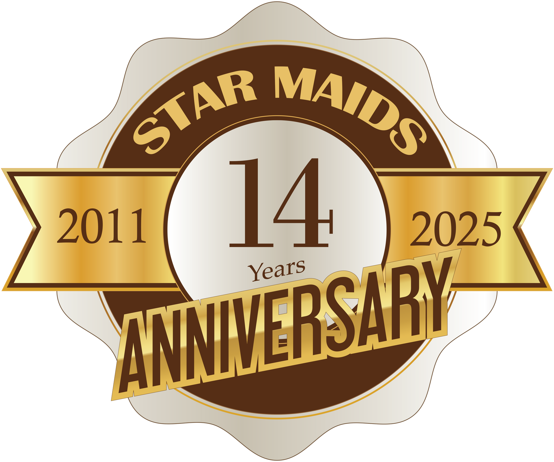 Star Maids 14th anniversary emblem, gold and brown, 2011 to 2025