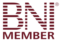 BNI MEMBER logo in burgundy, with stylized BNI letters above the word MEMBER.