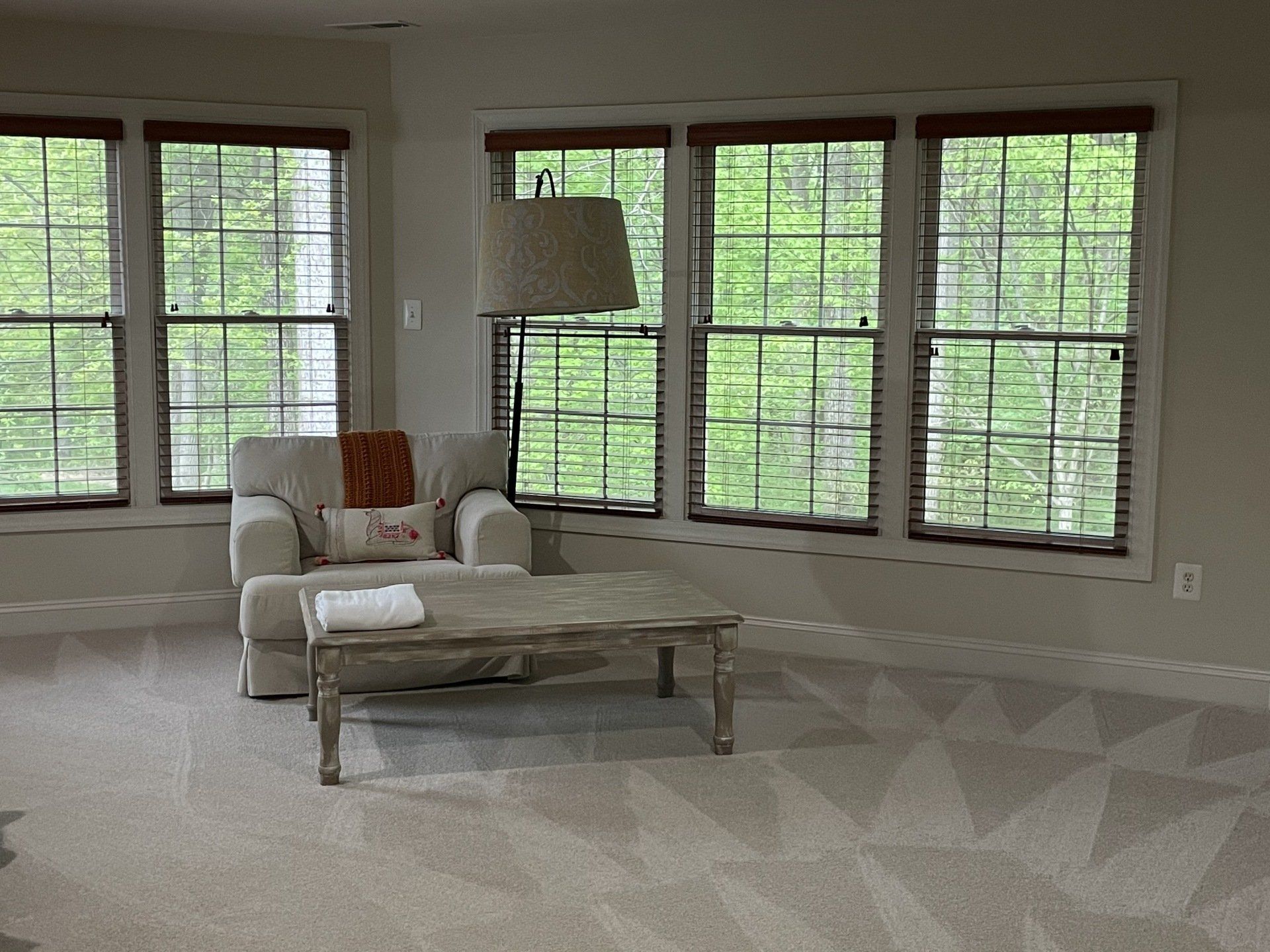 Bright living room with beige carpet, white armchair, coffee table, floor lamp, and large windows with blinds