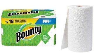 Bounty paper towels pack with a single white roll on a white background