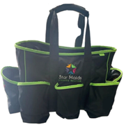 Black and green tote bag organizer with multiple exterior pockets and handles