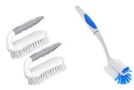 Two white dish brushes with gray bristles and a blue-and-white handle cleaning brush set