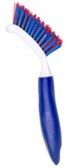 Blue-handled scrub brush with red and blue bristles