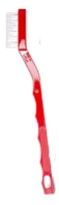 Red-and-white elongated handled tool with a flat head and two oval cutouts on a white background