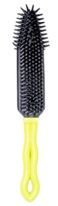 Black round hair brush with a yellow handle on a white background