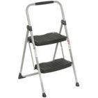 Black two-step folding step stool with silver frame and handle