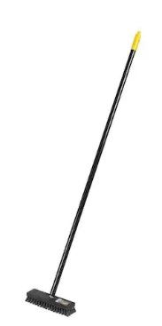Black broom with yellow handle and bristles on a white background