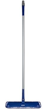 Blue flat floor mop with a long silver handle on a white background