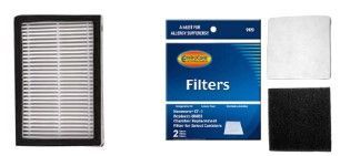 Air filter set with one black-framed filter, product box, and two replacement filter pads on white background