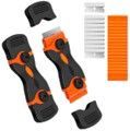 Black and orange adjustable wrist supports with removable straps, shown beside packaging on white background