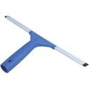 Blue window squeegee with a long handle and rubber blade