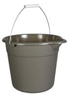 Gray metal bucket with a wire handle and a shiny silver rim on a white background