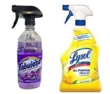 Two spray bottles of cleaner, Fabuloso purple on left and Lysol yellow on right.