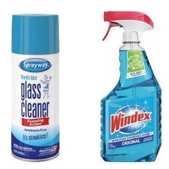 Two glass cleaner bottles, blue Sprayway spray can and blue Windex trigger bottle, side by side.